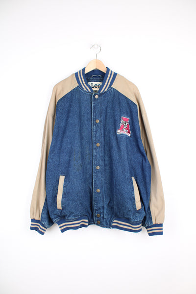 Vintage Alabama Roll Tide Denim Varsity Jacket in a blue, brown and red colourway, button up with side pockets, and has the team logo embroidered on the front and back.
