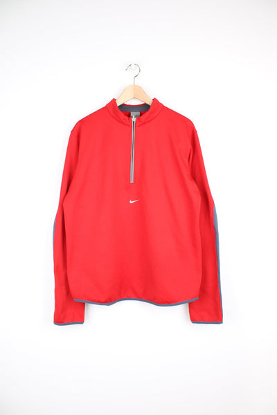 2000's Nike 1/4 zip nylon sweatshirt/fleece in red with embroidered swoosh logo on the chest