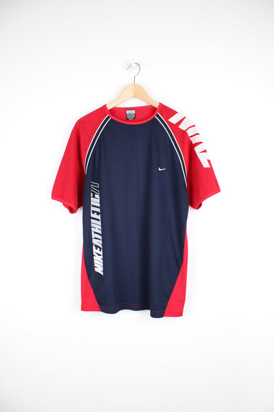 Nike Atheltic 11 navy blue and red sports/football style nylon t-shirt with mesh shoulders and printed spell-out graphics up the side