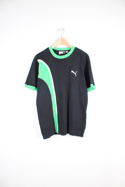 Vintage Puma small logo t-shirt in black and green, features white embroidered logo on the chest and white piping