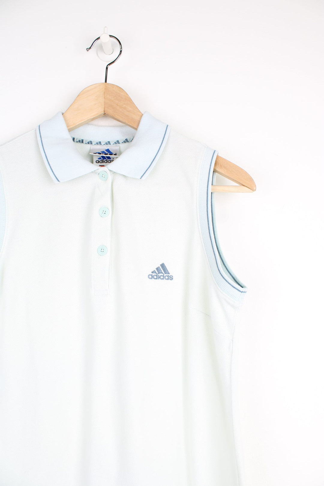 Vintage Adidas polo style vest top in a baby blue colourway with embroidered logo on the chest