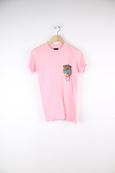Vintage 1982 Hawaiian Tropic, Florida pink slim fit single stitch t-shirt with printed graphic on the front and back 