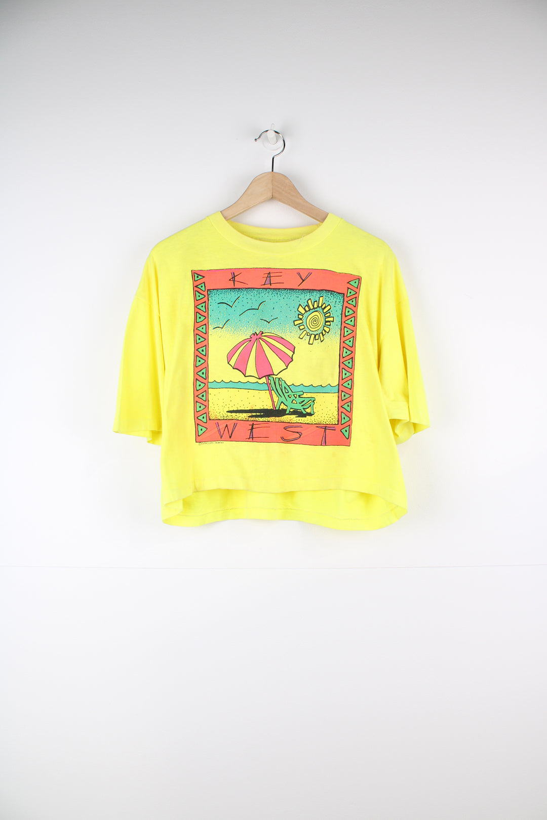 Vintage 90's 'Key West' beach scene graphic cropped t-shirt in yellow, with single stitching by Surf Style brand