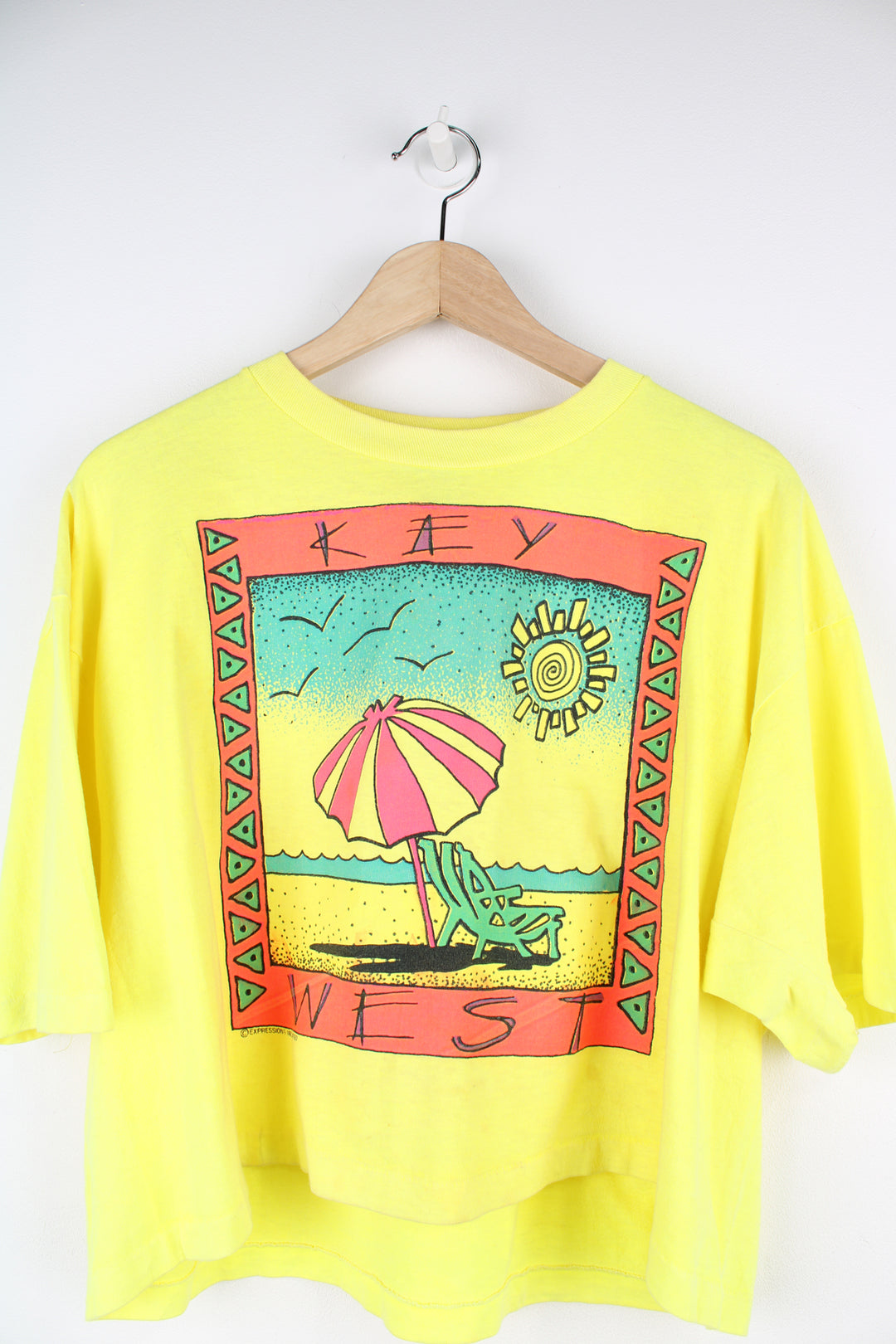 Vintage 90's 'Key West' beach scene graphic cropped t-shirt in yellow, with single stitching by Surf Style brand