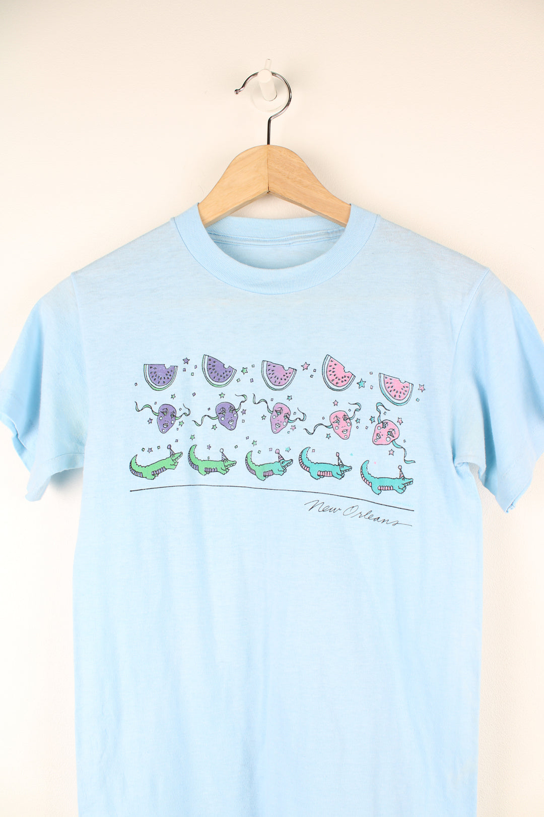 Vintage 70's/80's New Orleans baby blue, single stitch graphic tee with watermelon print/crocodile print on the front. 