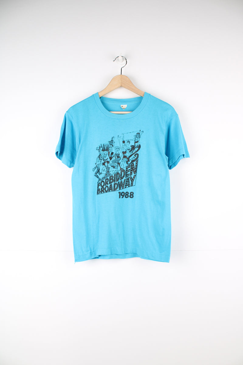 Vintage 1988 Forbidden Broadway single stitch t-shirt in blue, features spell-out graphic on the front  