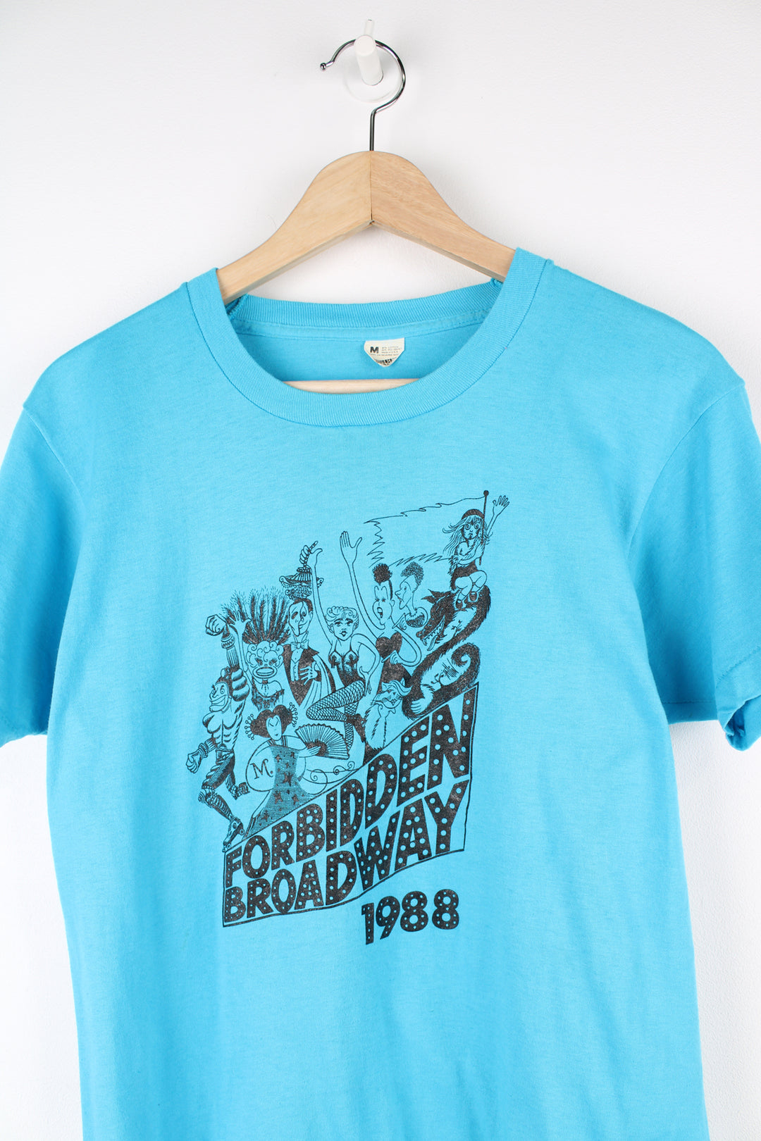 Vintage 1988 Forbidden Broadway single stitch t-shirt in blue, features spell-out graphic on the front  