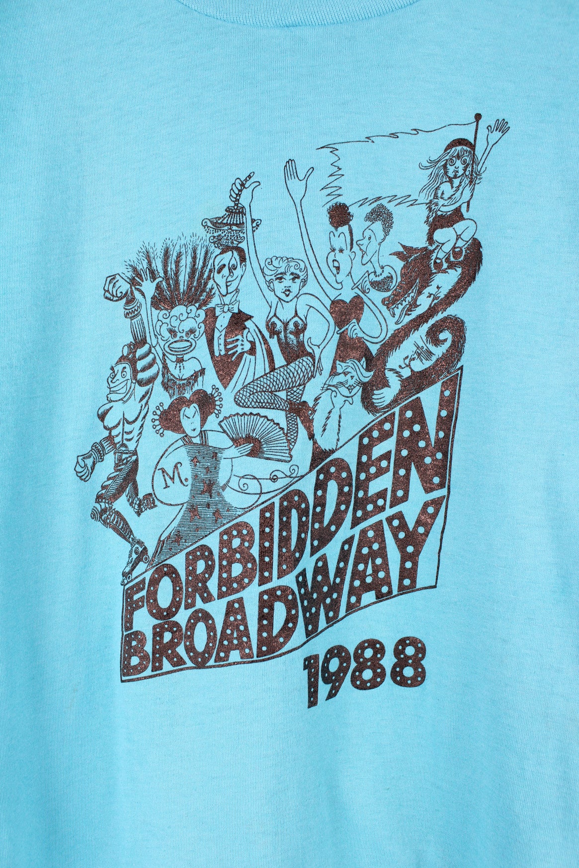 Vintage 1988 Forbidden Broadway single stitch t-shirt in blue, features spell-out graphic on the front  