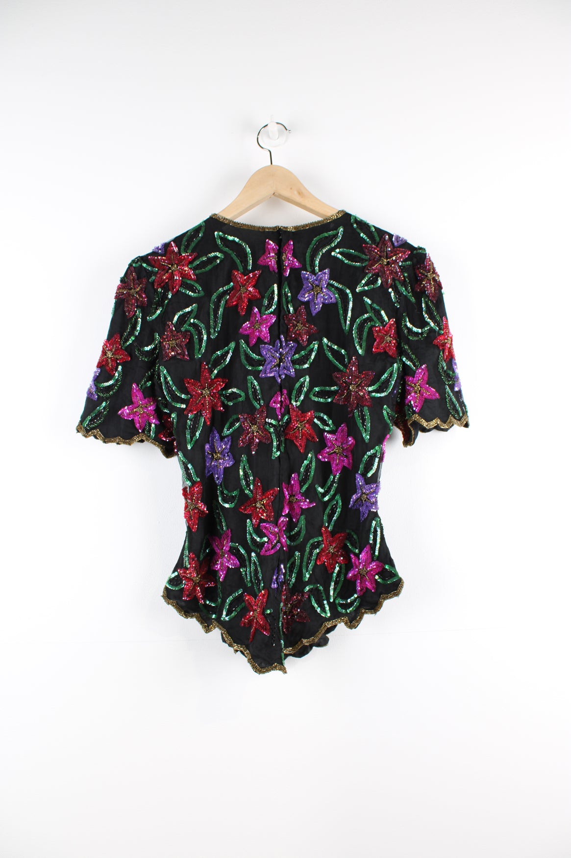 Vintage Laurence Kazar silk floral beaded evening/party top, with zip closure