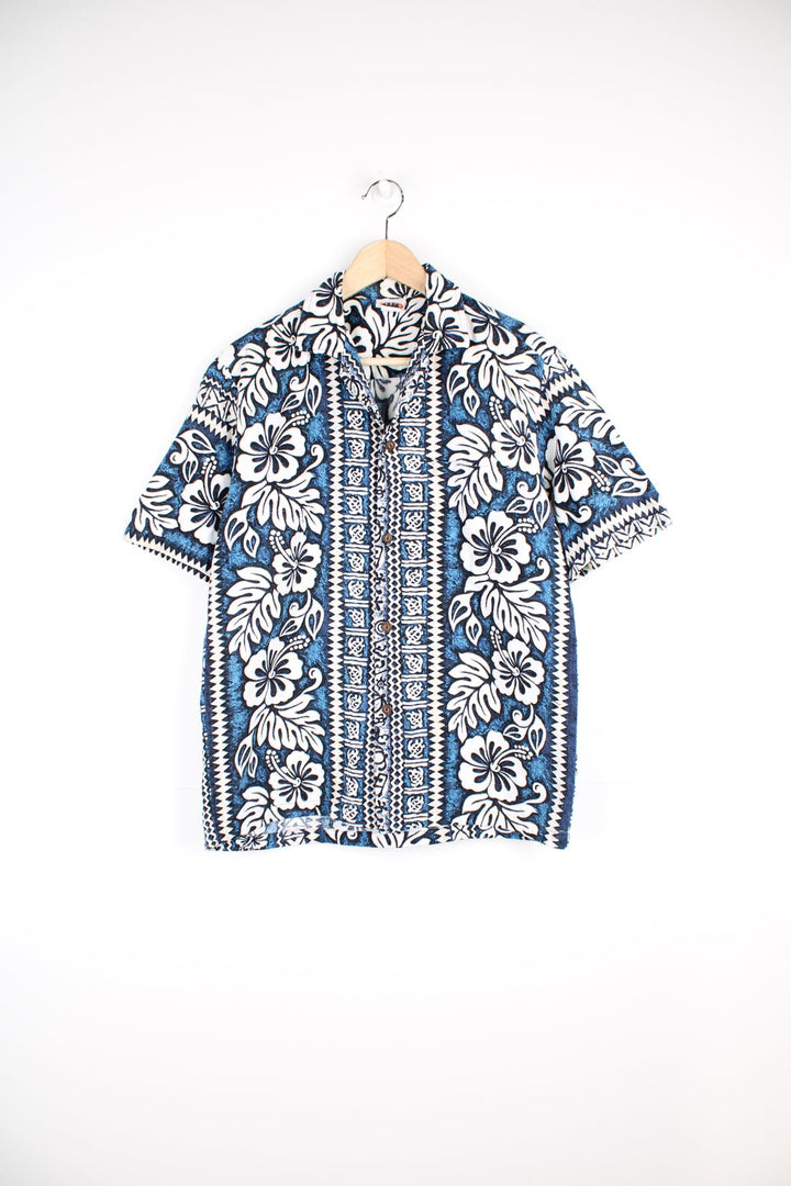 Vintage Kai Island blue and white Hawaiian Shirt with chest pocket.