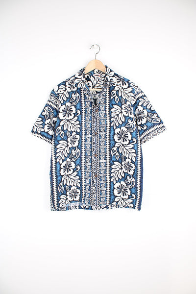 Vintage Kai Island blue and white Hawaiian Shirt with chest pocket.