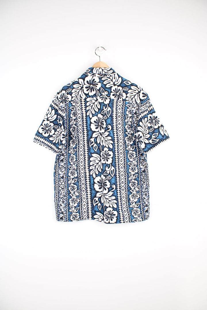 Vintage Kai Island blue and white Hawaiian Shirt with chest pocket.