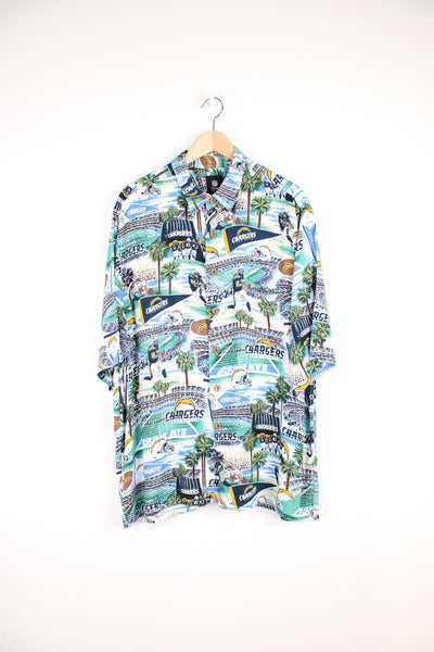 NFL San Diego Chargers Hawaiian Shirt with all over graphic print and chest pocket.