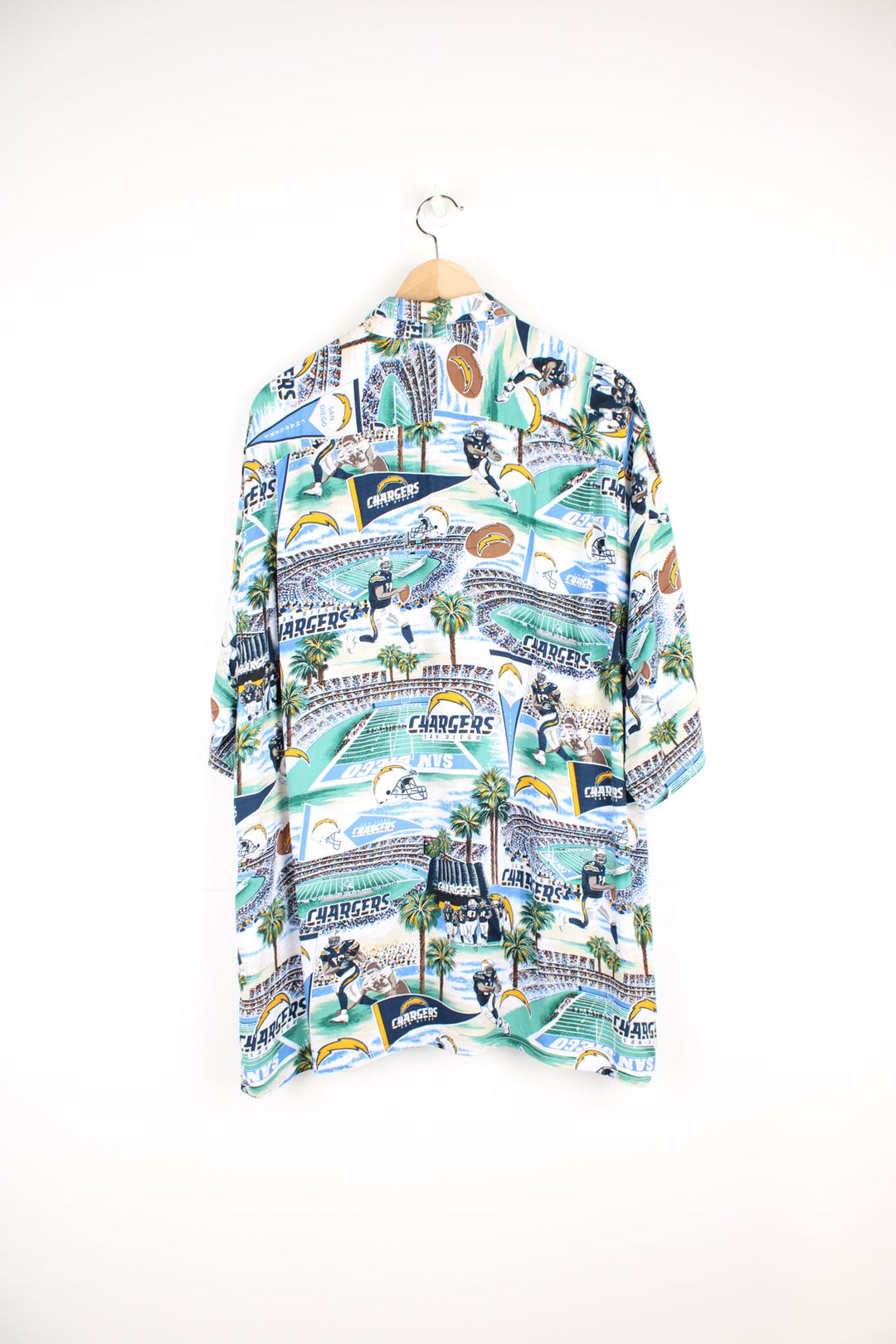 NFL San Diego Chargers Hawaiian Shirt with all over graphic print and chest pocket.