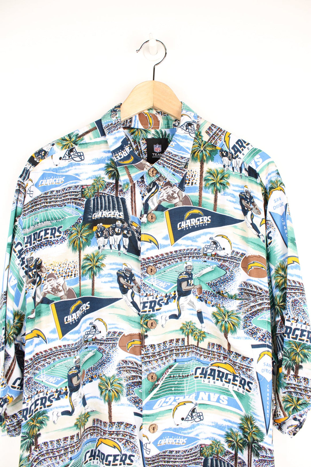 NFL San Diego Chargers Hawaiian Shirt with all over graphic print and chest pocket.