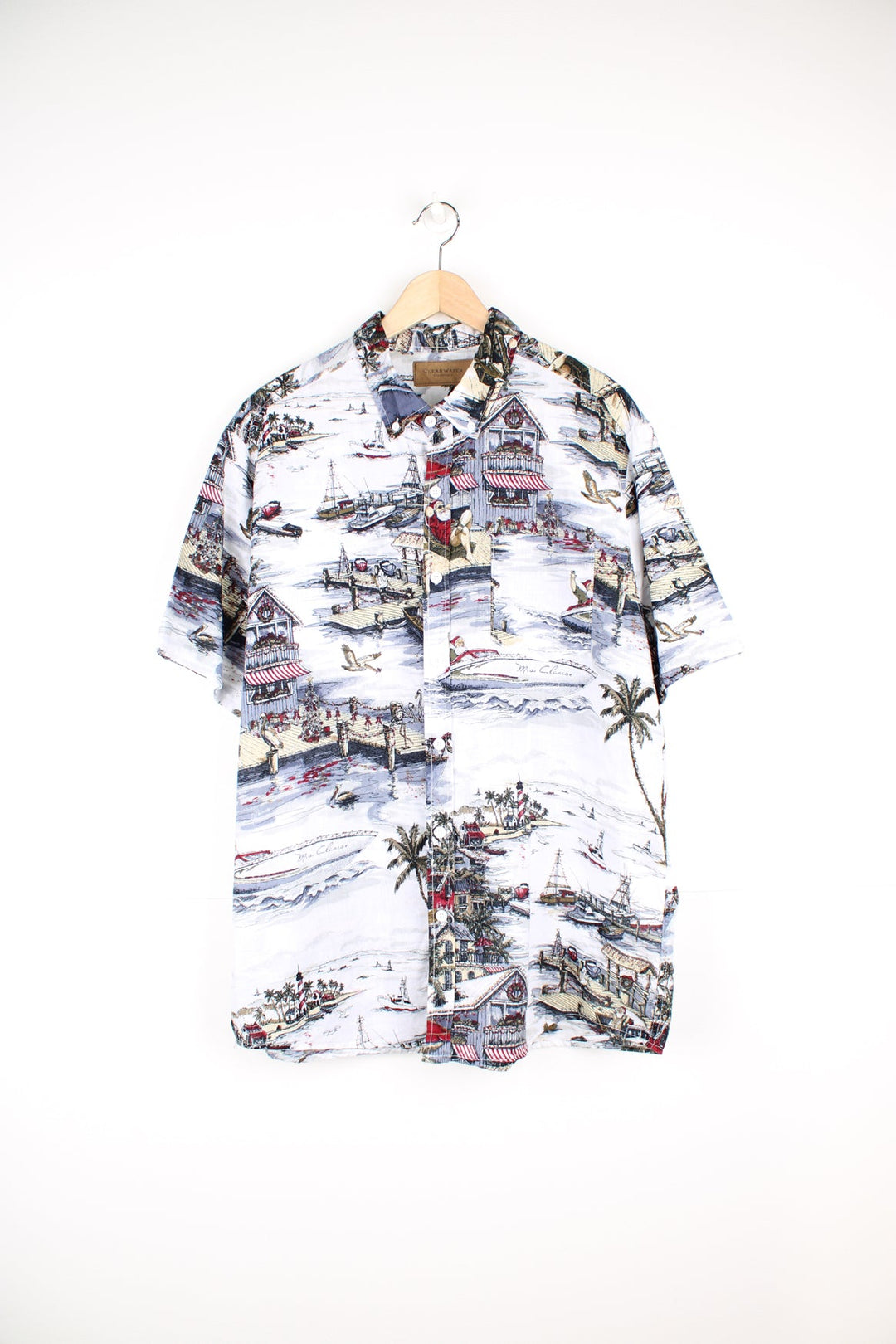 Clear Water Outfitters Hawaiian Shirt with all over Christmas seaside print. 