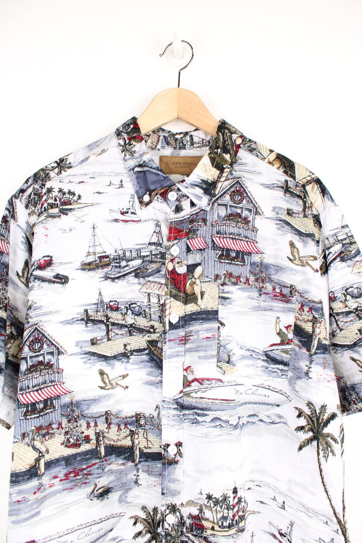 Clear Water Outfitters Hawaiian Shirt with all over Christmas seaside print. 