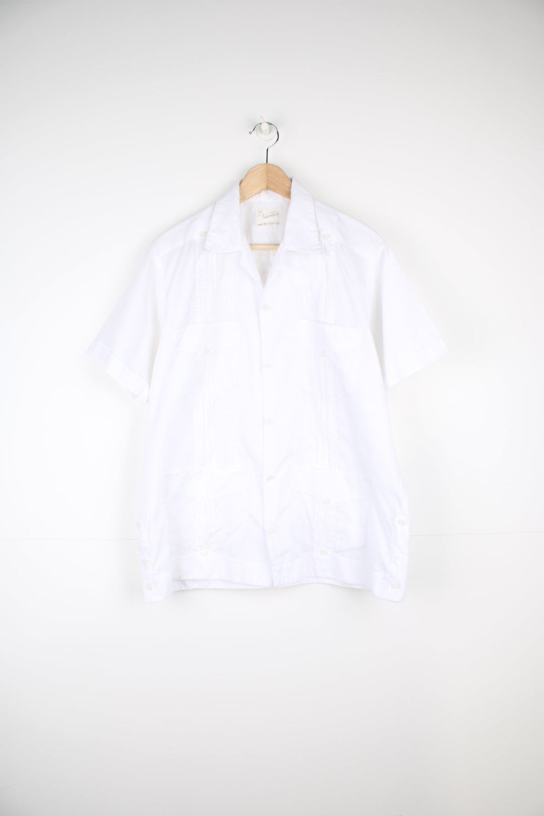 White button through Hawaiian Shirt with embroidered detailing and multiple pockets.