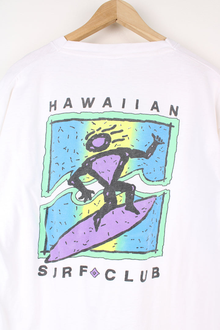 Vintage Hawaiian Surf Club single stitch t-shirt in white, features printed graphic on the front and back