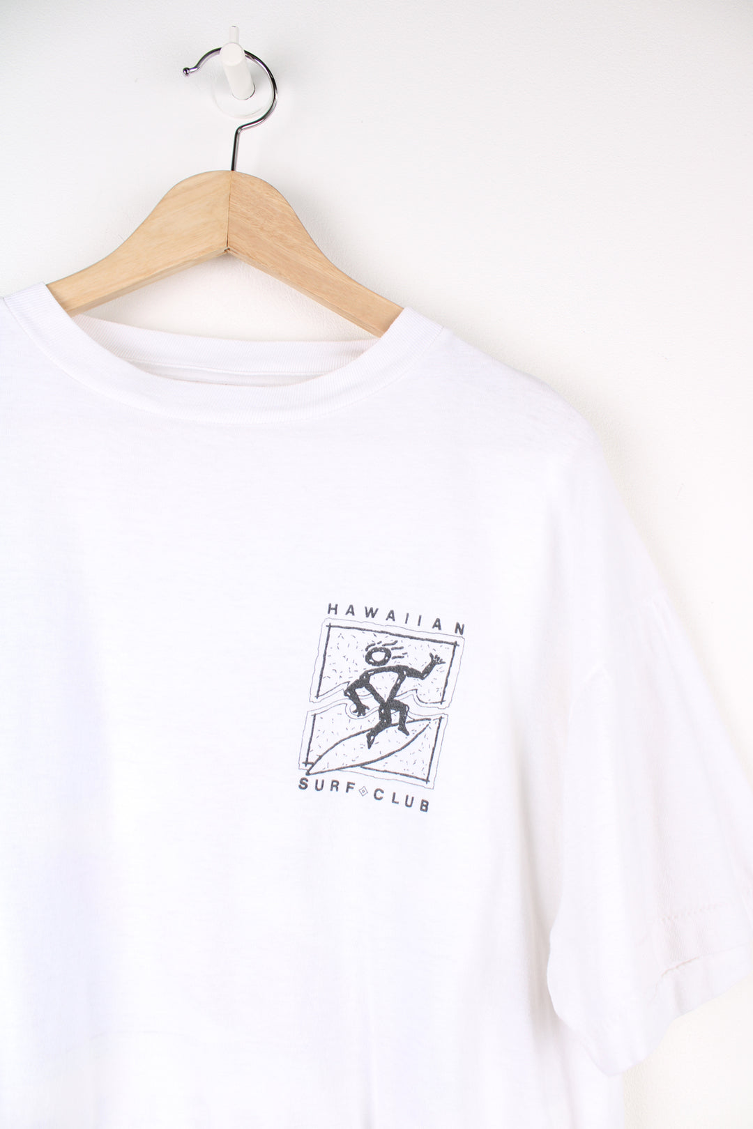 Vintage Hawaiian Surf Club single stitch t-shirt in white, features printed graphic on the front and back