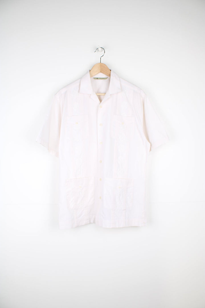 White button through Havanera Hawaiian Shirt with embroidered detailing and multiple pockets.