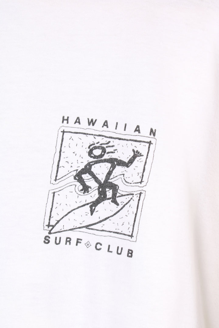 Vintage Hawaiian Surf Club single stitch t-shirt in white, features printed graphic on the front and back