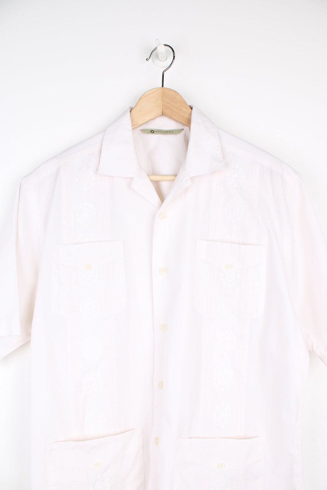 White button through Havanera Hawaiian Shirt with embroidered detailing and multiple pockets.