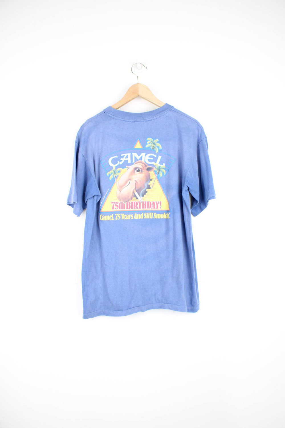 Vintage 1988 Camel Cigarettes single stitch T-Shirt, with 75th Birthday graphic print on the back and chest pocket.