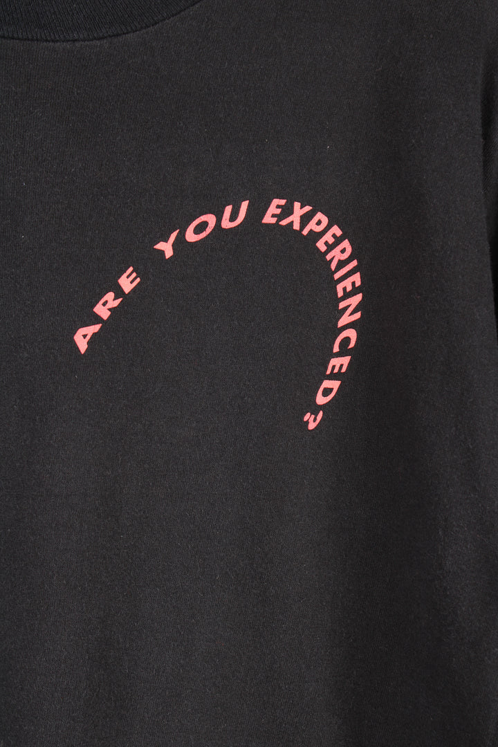 Vintage 80's/90's Fruit of Loom all black t-shirt with printed spell out ' are you experienced?' and 'Virtuality' graphic on the back