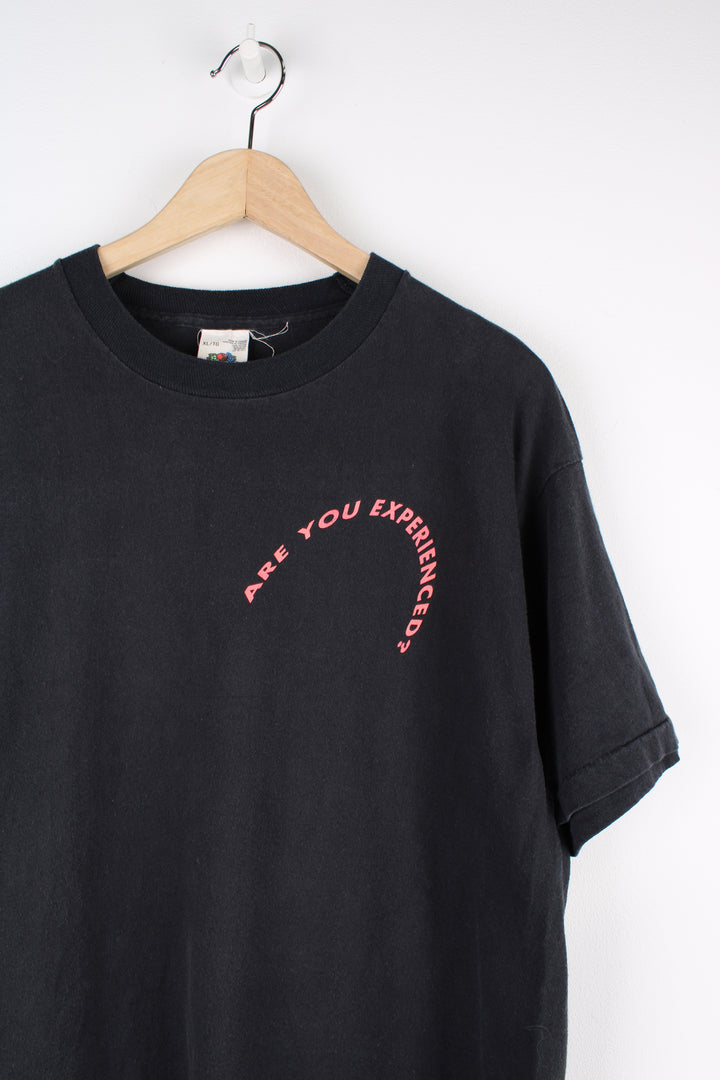 Vintage 80's/90's Fruit of Loom all black t-shirt with printed spell out ' are you experienced?' and 'Virtuality' graphic on the back