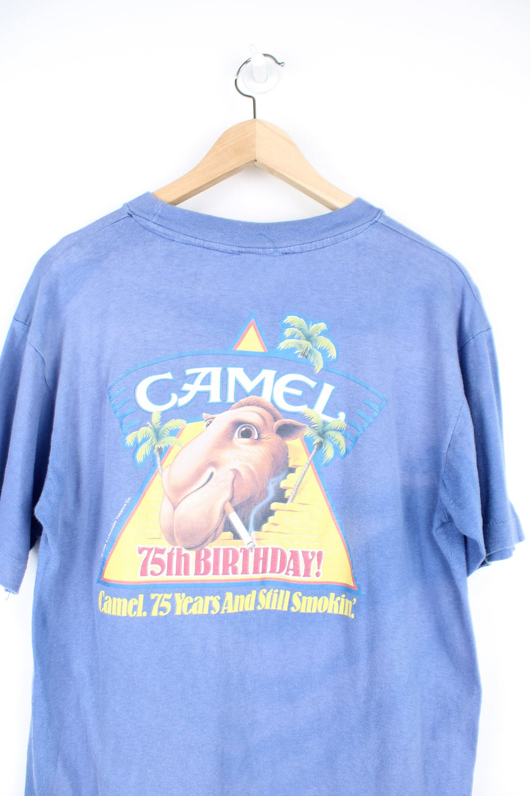 Vintage 1988 Camel Cigarettes single stitch T-Shirt, with 75th Birthday graphic print on the back and chest pocket.