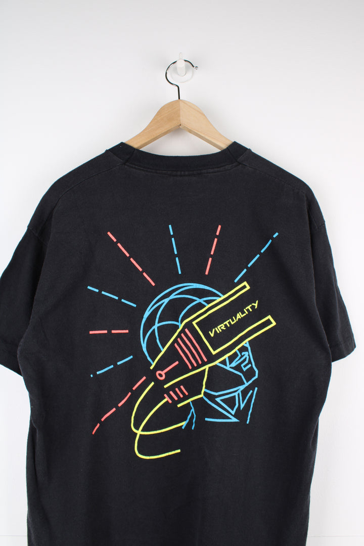 Vintage 80's/90's Fruit of Loom all black t-shirt with printed spell out ' are you experienced?' and 'Virtuality' graphic on the back