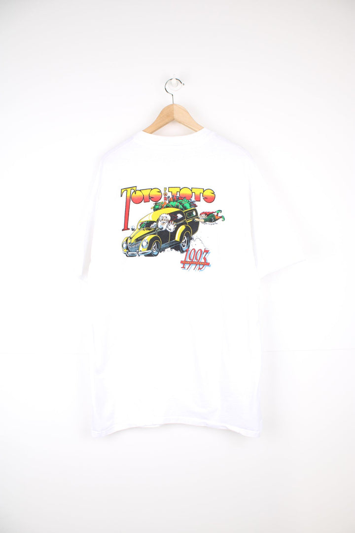 Vintage 90s Toys for Tots single stitch T-Shirt with graphic print on the front and back.