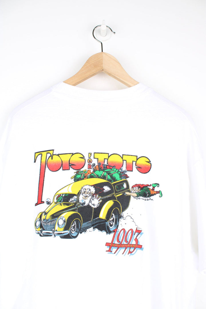 Vintage 90s Toys for Tots single stitch T-Shirt with graphic print on the front and back.