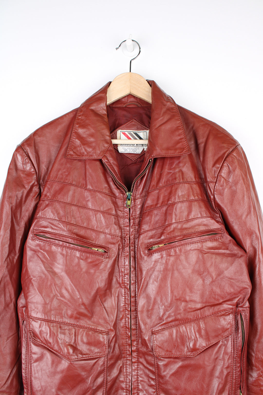 Vintage 1970's Chess King oxblood zip through leather jacket with multiple pockets