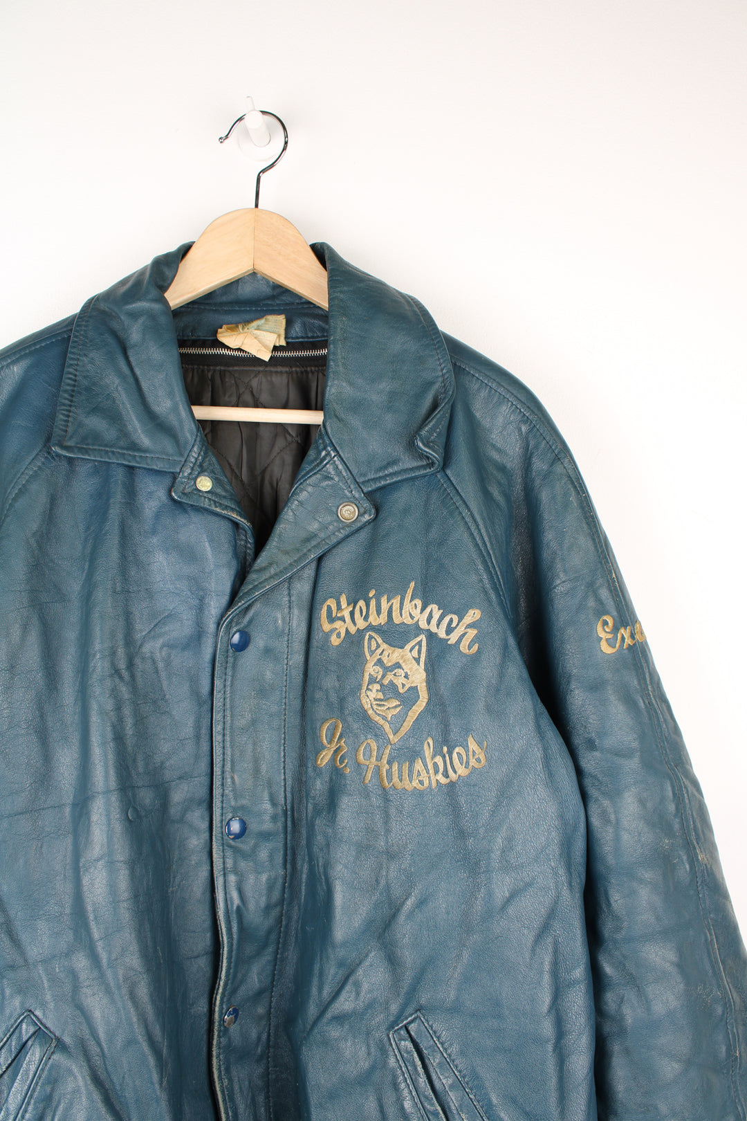 Vintage looks like 1960's Harv-Al-Sportswear Steinbach Jr Huskies blue leather zip through jacket with embroidered details and zip off removable lining 