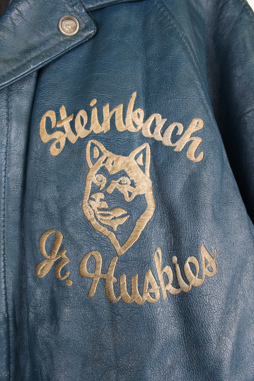 Vintage looks like 1960's Harv-Al-Sportswear Steinbach Jr Huskies blue leather zip through jacket with embroidered details and zip off removable lining 