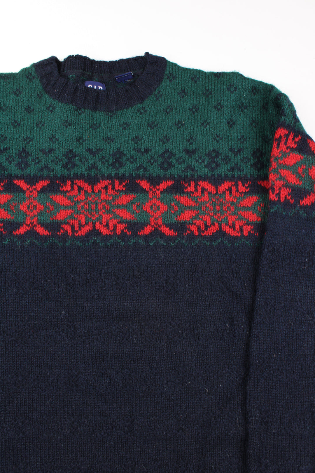 Vintage navy blue and green festive fair isle knitted jumper by GapVintage navy blue and green festive fair isle knitted jumper by Gap