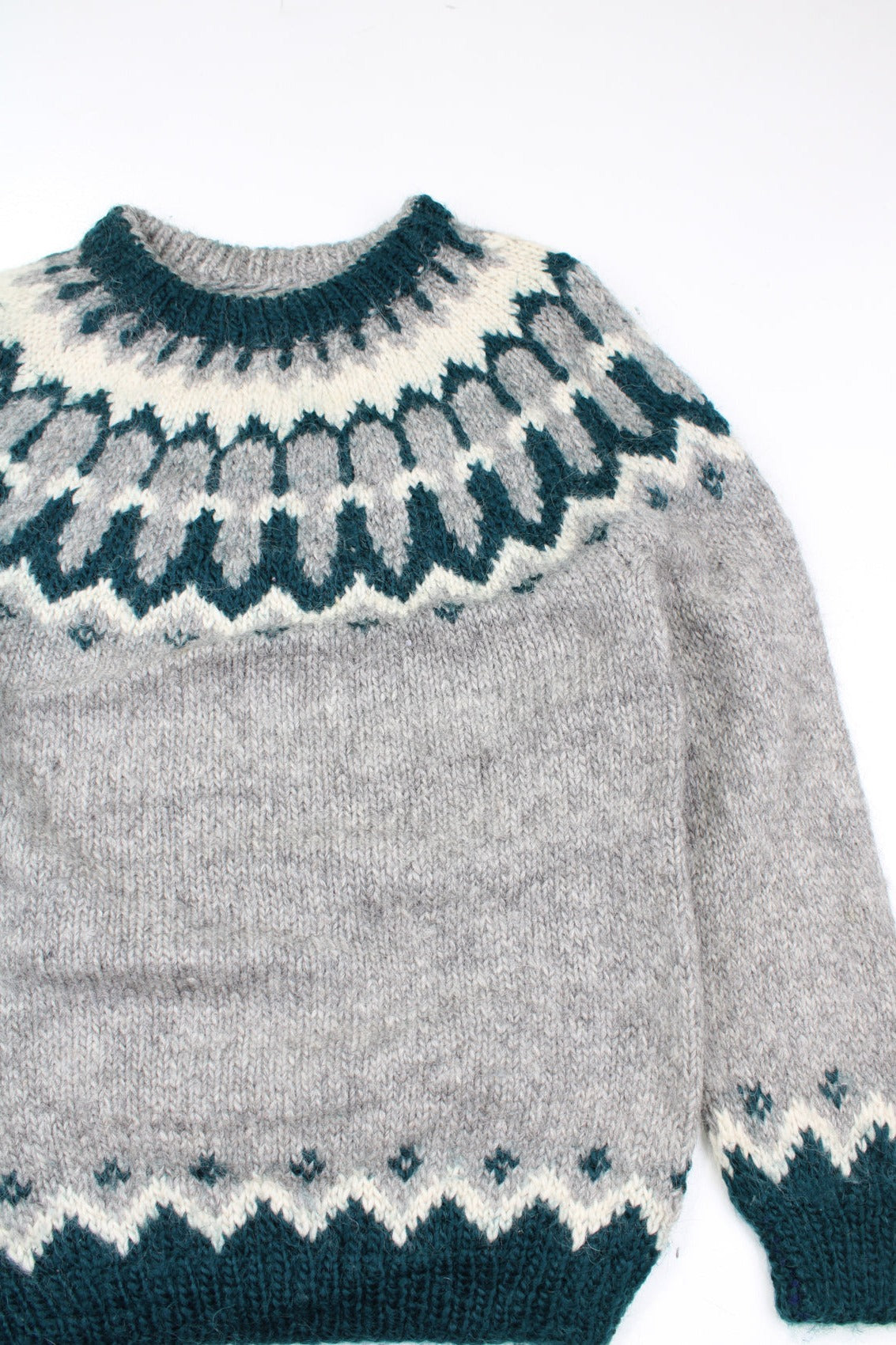 Vintage Nordic fair isle style grey, teal and cream high neck knitted jumper