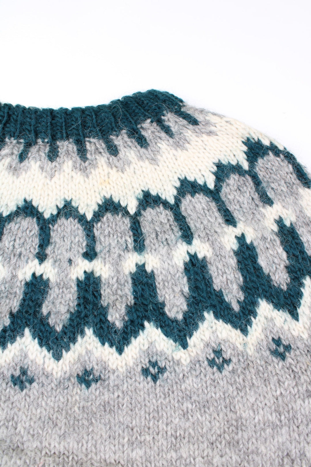 Vintage Nordic fair isle style grey, teal and cream high neck knitted jumper