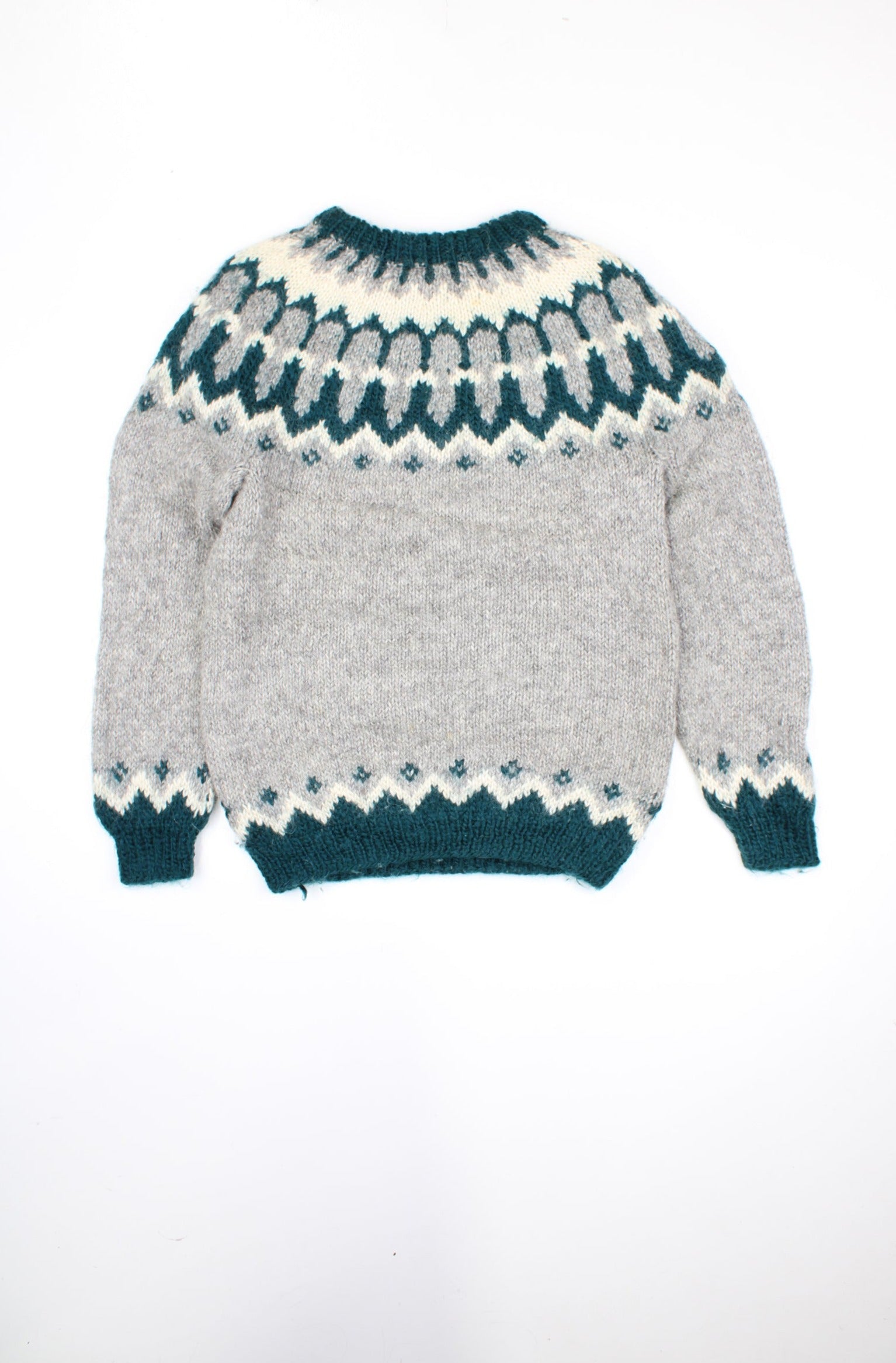 Vintage Nordic fair isle style grey, teal and cream high neck knitted jumper