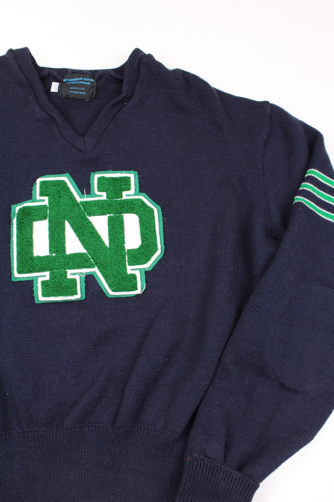 Vintage Notre Dame Fighting Irish wool jumper by Newaukum River Sportswear, features embroidered motif on the front