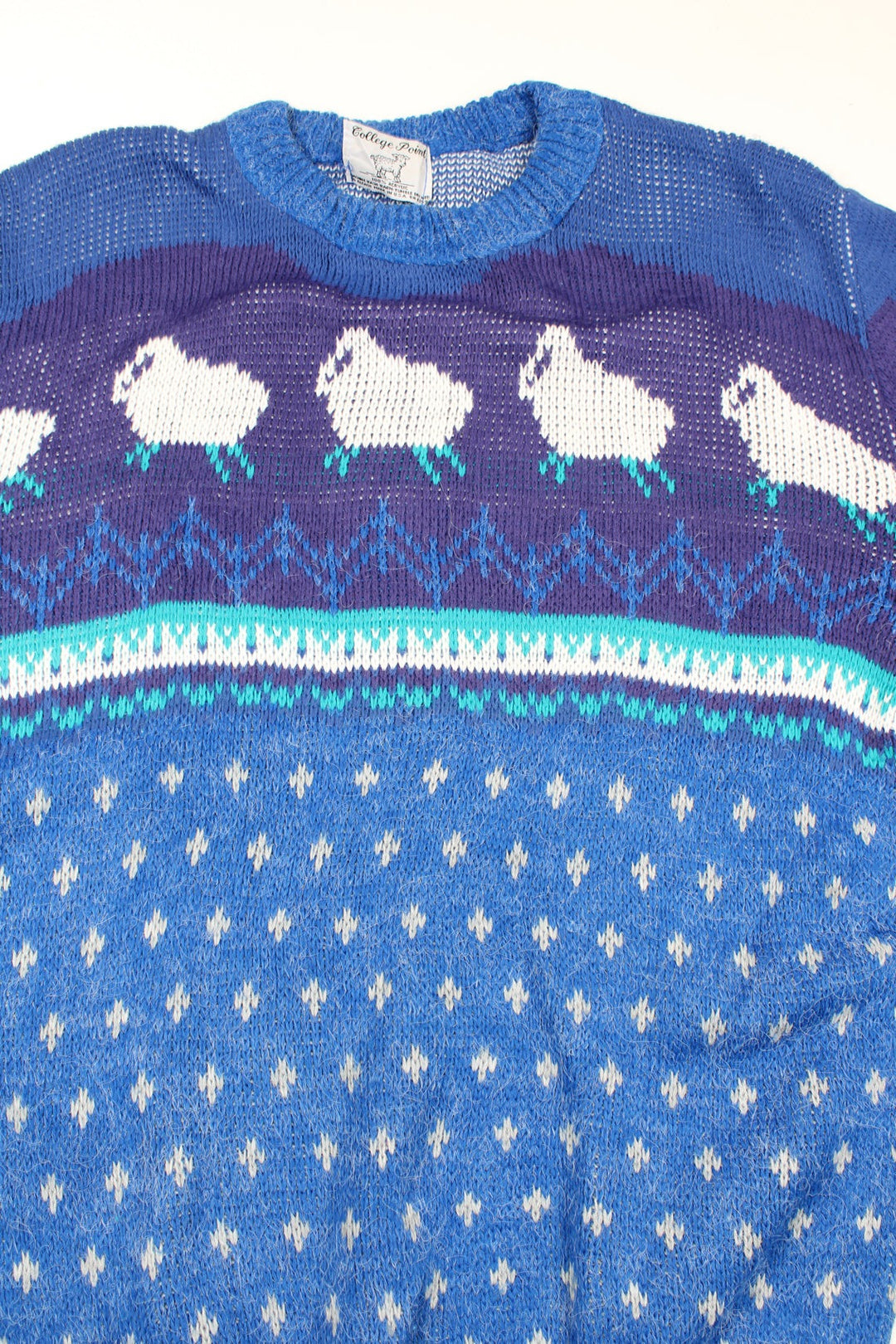 Vintage 1980's made in USA blue knitted crew neck jumper, features sheep design 