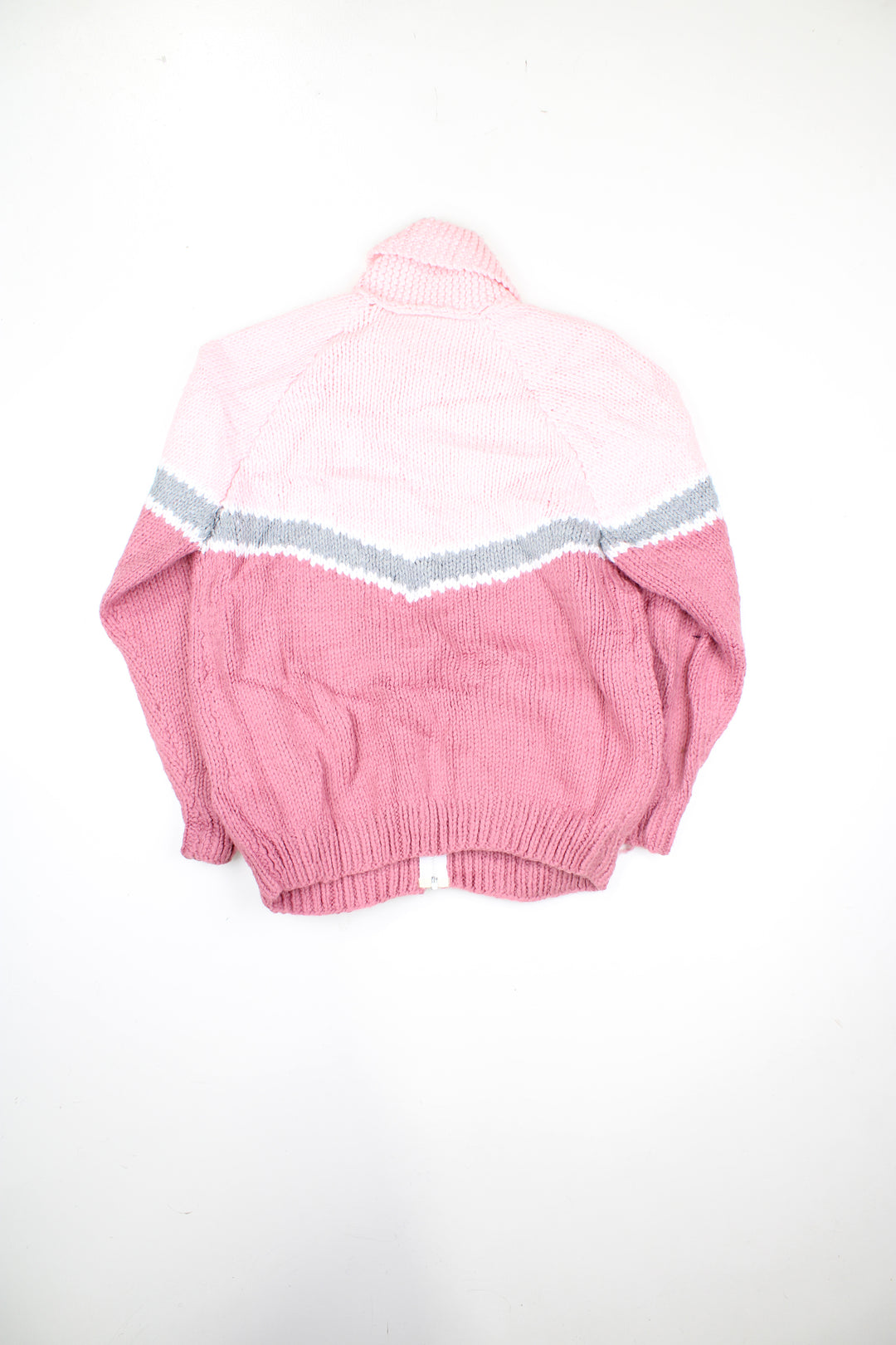 Vintage hand made pink and grey striped knit, zip through cardigan with pockets. Has a really charming label with previous owners name on 