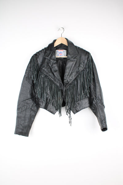 Vintage black leather jacket, cropped fit with fringe detailing by Vanguard with sunshine conch buttons