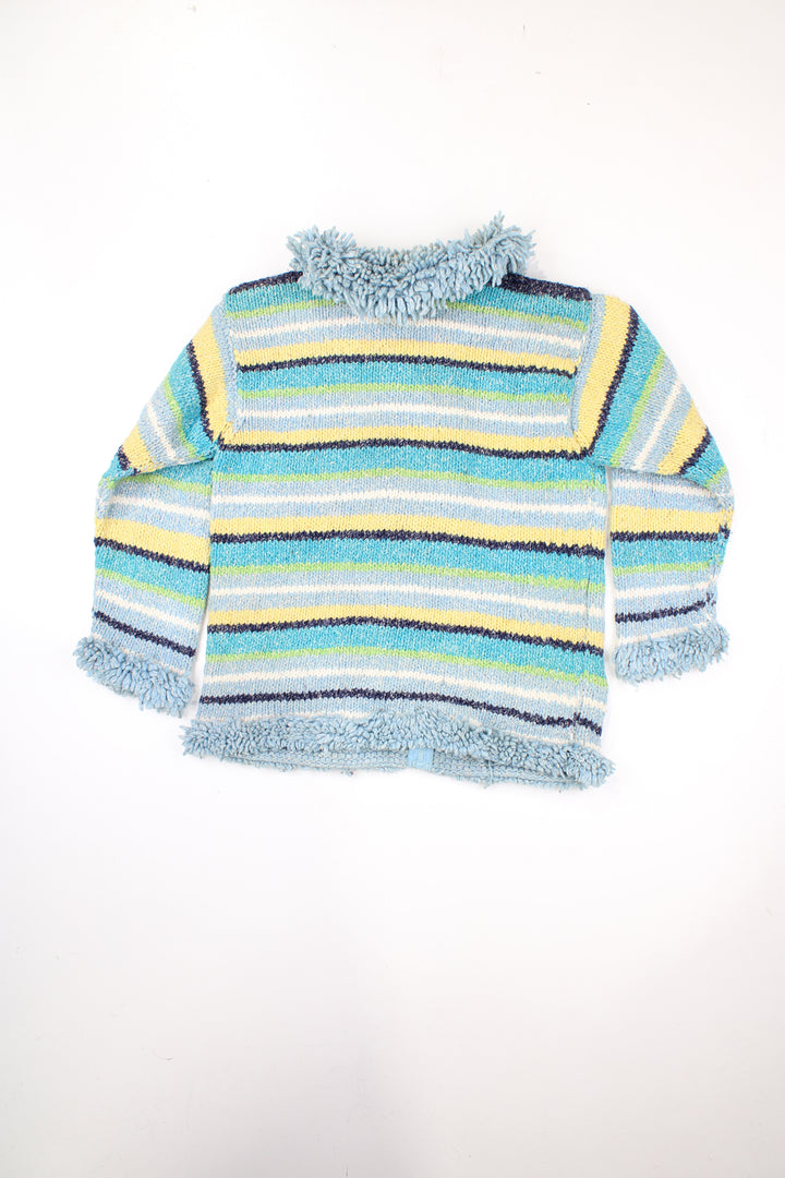 Vintage made in Equador blue and green striped patterned knit, zip through cardigan features fluffy trim 