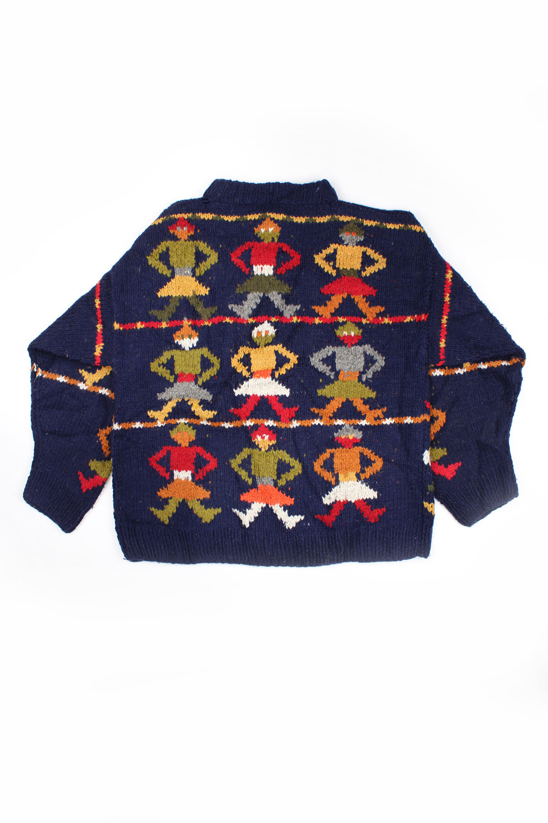 Vintage chunky knit cardigan in navy blue with interesting design that looks like little people. 100% wool, closes with a zip.    good condition  Size in Label:  No Size - Measures like a size L