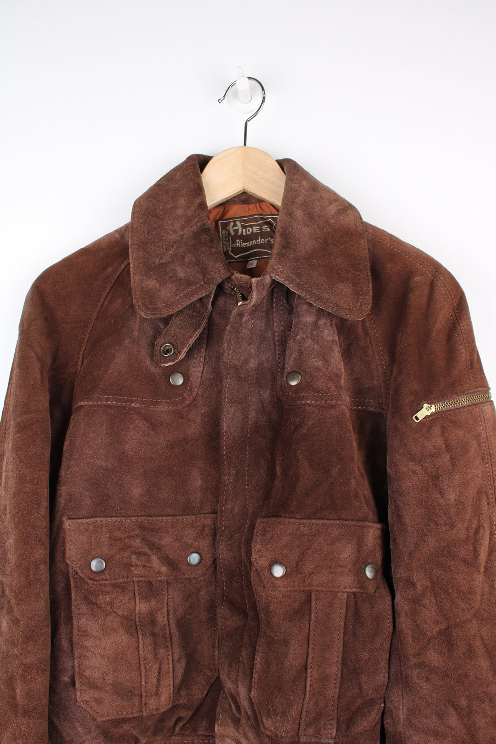 Vintage Hide's at Alexander's brown suede zip through bomber jacket with pockets and zip up pocket on the shoulder 