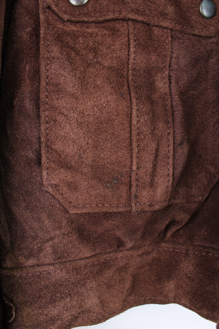 Vintage Hide's at Alexander's brown suede zip through bomber jacket with pockets and zip up pocket on the shoulder 