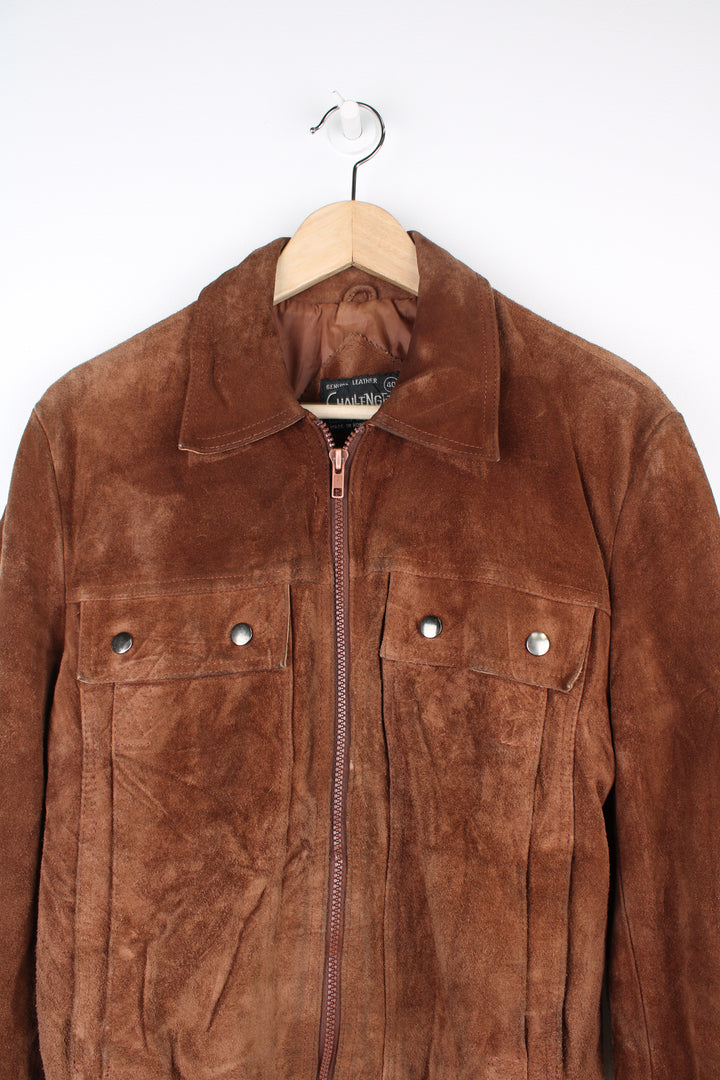 Vintage 1970's brown suede bomber jacket by Chalenger features full zip and multiple pockets 